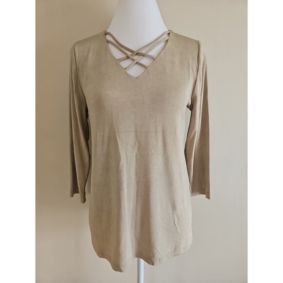 CHICO'S Travelers Women Blouse Top 3/4 Sleeve V-Neck Beige Travel XL Crisscross - Picture 1 of 7